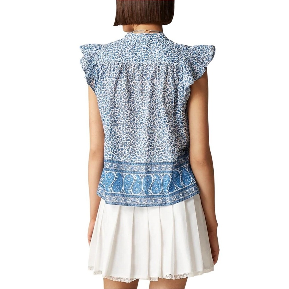 J. Crew Blue White‎ Floral Paisley Cap Sleeve Button Up Shirt Top Size L NWT $90 - Picture 4 of 12